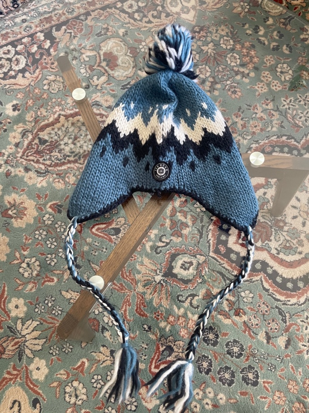 Small Woman’s/ Kids Blue Knit Earflap Pom Pom Hat - Made in Iceland